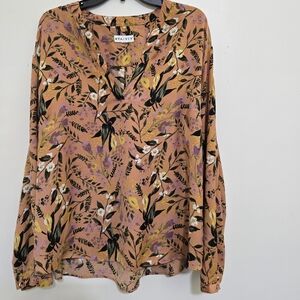 AVA & VIV size 1X Long Sleeve Floral V Neck Flowy Casual Tunic Blouse Orange